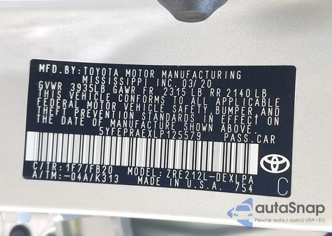 2020 Toyota Corolla Le z USA, uszkodzony, nr VIN 5YFEPRAEXLP125579